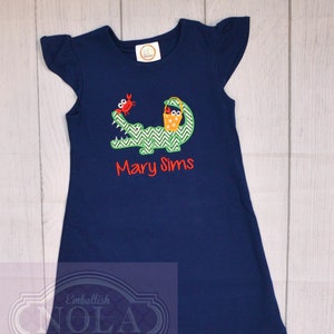 Alligator with Crab Applique Navy Flutter Dress, Summer Dress, Beach Dress