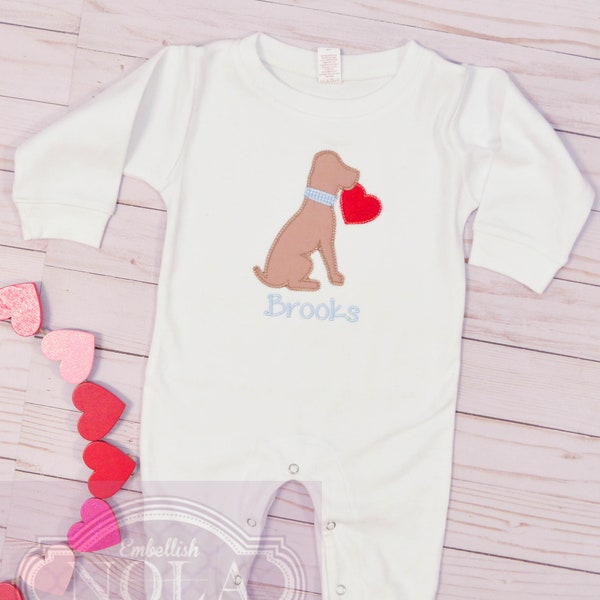 Valentine Puppy Dog Applique Romper, Valentine Outfit, Valentine Romper