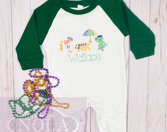 Animal Parade Mardi Gras Raglan Romper, Knit Romper, Mardi Gras Outfit