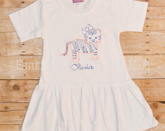 Blue and Orange Tiger Girl Embroidered Knit Pleated Dress, Sleeveless or Short Sleeve