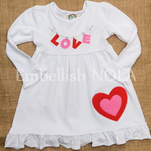 Love on a Line Applique Vintage Double Heart Applique Long Sleeve Ruffle Dress Valentine's Day Outfit