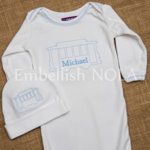 New Orleans Streetcar Trolley Embroidered Baby Boy Bodysuit, Gown, Bib, or Burp Cloth