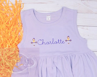 Purple and Gold Cheerleader Embroidered Knit Empire Lavender Dress, Sleeveless Dress, Short Sleeve Dress, Long Sleeve Dress