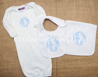 GIFT SET Monogrammed Baby Gown Baby Boy Gown Circle Monogram and Matching Monogrammed Bib and Burp Cloth