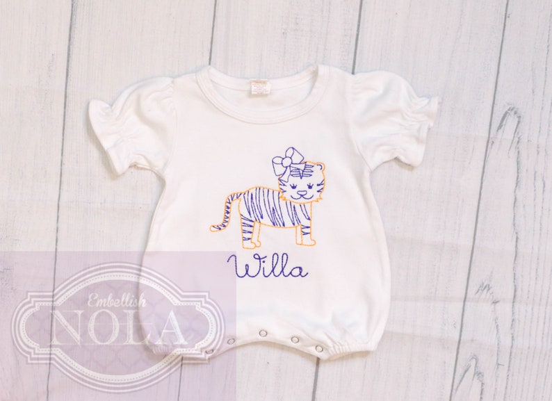 Tiger Girl Embroidered Romper, Purple and Gold image 8