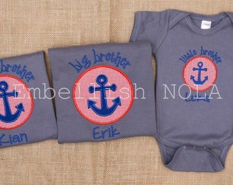 Big Brother, Little Brother Anchor Circle Applique GREY Shirt or Bodysuit Nautical Theme Beach Theme