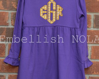 Purple and Gold Diamond Applique Monogram, Purple Long Sleeve Ruffle Dress