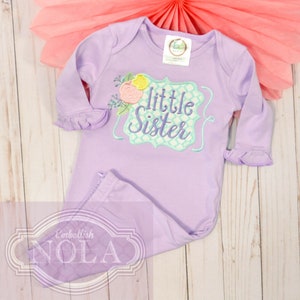 Little Sister Lavender Baby Gown, Baby Girl, Custom Gown, Going Home Outfit