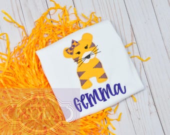 Tiger Girl Applique Monogram Purple or White Shirt or Bodysuit