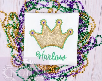 Mardi Gras Gold Glitter Crown Applique Shirt or Bodysuit, New Orleans Mardi Gras Shirt