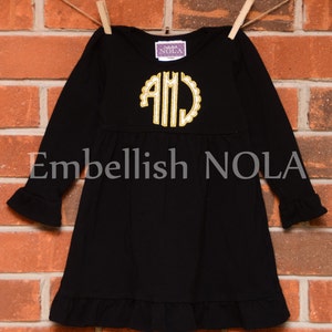 Black Ruffle Dress with Sparkle Scallop Monogram Applique Saints Inspired