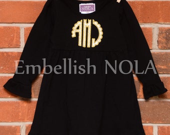 Black Ruffle Dress with Sparkle Scallop Monogram Applique Saints Inspired