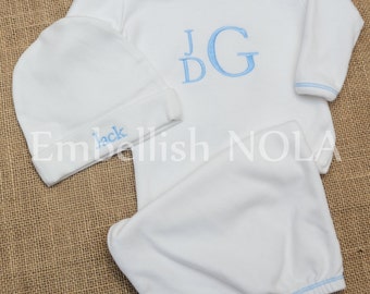 GIFT SET Monogrammed Baby Gown Baby Boy Gown Stacked Monogram and Matching Newborn Hat