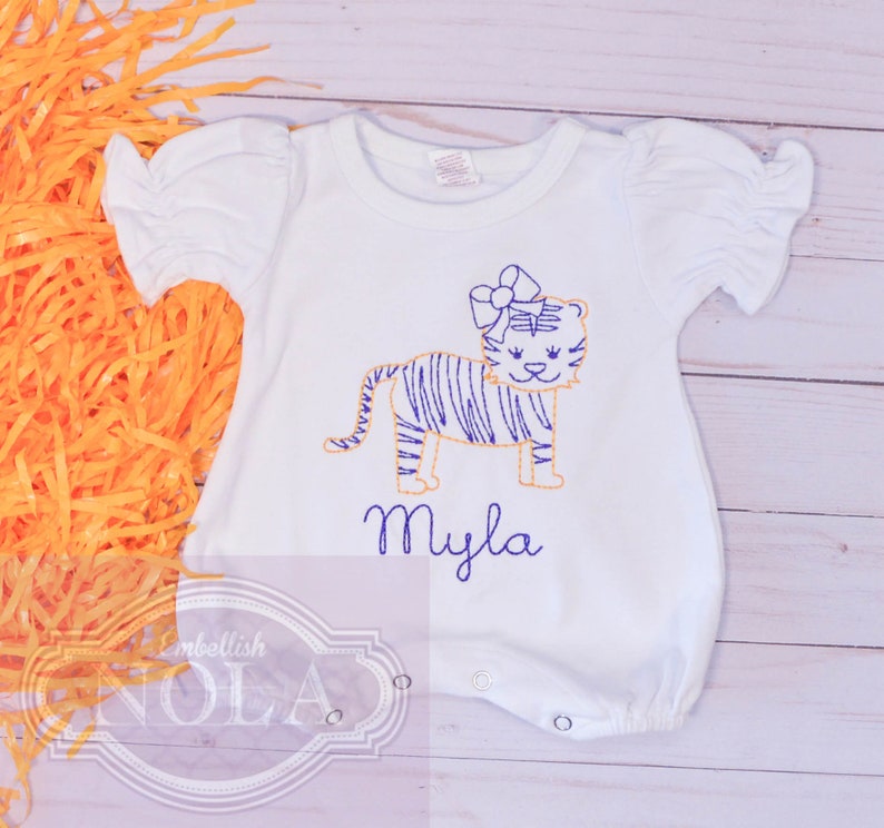 Tiger Girl Embroidered Romper, Purple and Gold image 5