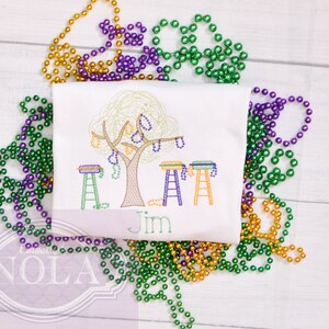 Mardi Gras Scene Embroidered Shirt, Mardi Gras Shirt, Mardi Gras Outfit, Bead Tree, Mardi Gras Ladder Seat