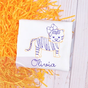 Tiger Girl Embroidered Shirt or Bodysuit, Purple and Gold
