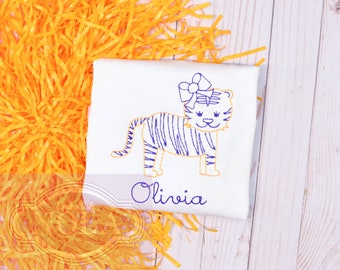 Tiger Girl Embroidered Shirt or Bodysuit, Purple and Gold