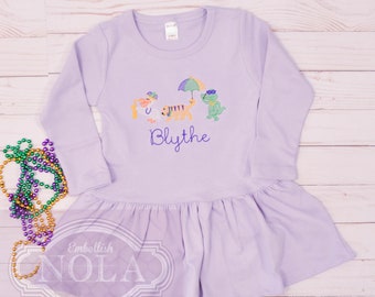 Mardi Gras Animal Parade Embroidered Knit Pleated Dress, Short Sleeve or Long Sleeve, Mardi Gras Dress, Mardi Gras Outfit