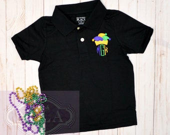 Chemise à col brodé monogramme Jester Hat pour garçon Chemise Mardi Gras