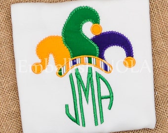 Mardi Gras Jester Hat Circle Monogram Applique Shirt or Bodysuit New Orleans Mardi Gras Shirt