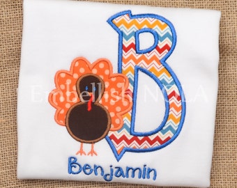 Boy Turkey Letter Applique Shirt or Bodysuit Thanksgiving Shirt