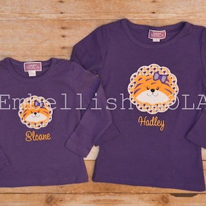Tiger Girl Applique Monogram Purple or White Shirt or Bodysuit