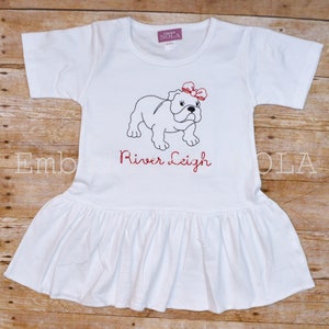 Bulldog Girl Football Embroidered Knit Pleated Dress, Sleeveless or Short Sleeve, Black and Red, Bulldog Outfit
