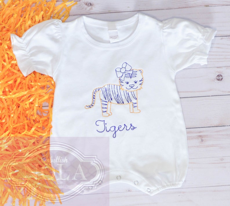 Tiger Girl Embroidered Romper, Purple and Gold image 3