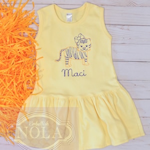 Tiger Girl Embroidered Knit Pleated Pastel Yellow Dress, Sleeveless or Short Sleeve, Purple and Gold Dress, Gameday Dress, Tiger Dress