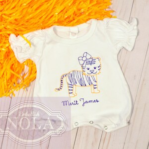 Tiger Girl Embroidered Romper, Purple and Gold image 2