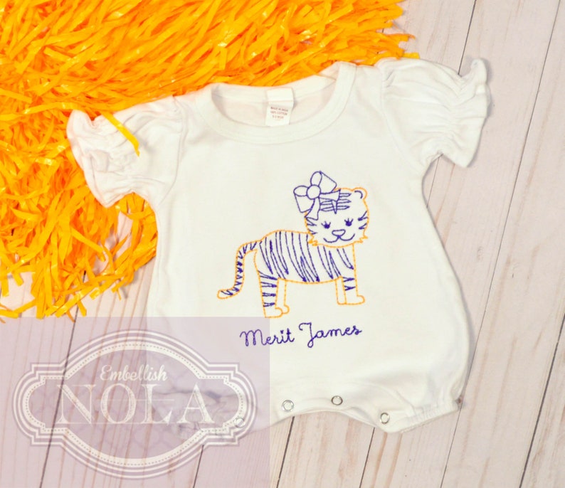 Tiger Girl Embroidered Romper, Purple and Gold image 2