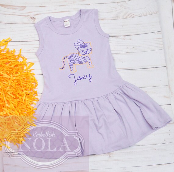 Tiger Girl Embroidered Knit Pleated Lavender Dress, Sleeveless, Short Sleeve, Long Sleeve, Purple and Gold Dress, Gameday Dress, Tiger Dress