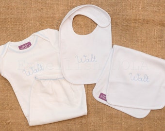 GIFT SET Monogrammed Baby Gown Baby Boy Gown Handwritten Font Monogram and Matching Monogrammed Bib and Burp Cloth