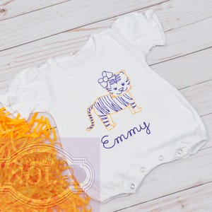 Tiger Girl Embroidered Romper, Purple and Gold