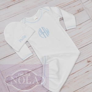 Monogrammed Baby Gown, Baby Boy Gown, Circle Monogram and Matching Newborn Hat, Gift Set, Newborn Gift