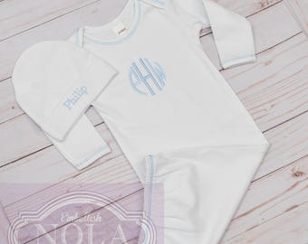 Monogrammed Baby Gown, Baby Boy Gown, Circle Monogram and Matching Newborn Hat, Gift Set, Newborn Gift