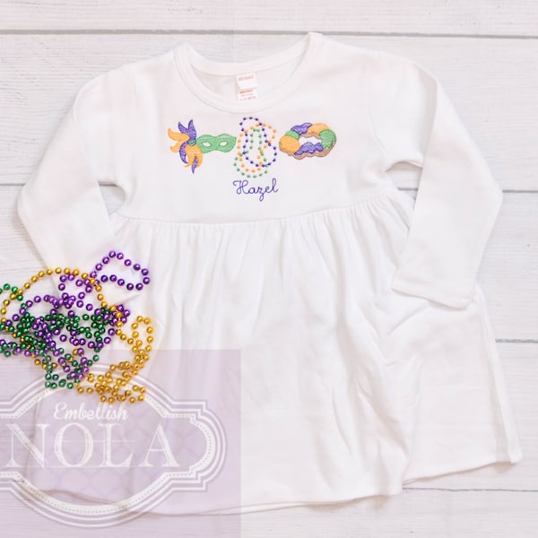 Mardi Gras Embroidered Knit Empire Dress, Short Sleeve or Long Sleeve, Mardi Gras Dress, Mardi Gras Outfit