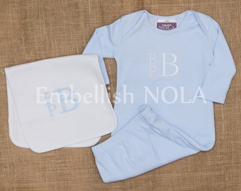 Baby Boy Gift Set Light Blue Stacked Monogrammed Baby Gown Baby and White Monogrammed Burp Cloth OR Bib Boy Gown Stacked Monogram