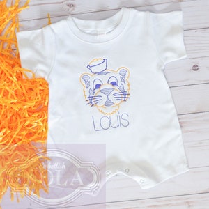 Tiger Embroidered Romper, Purple and Gold