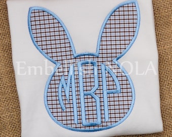 Easter Bunny Applique Shirt or Bodysuit Blue and Brown Check fabric