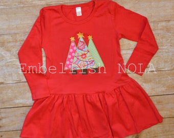 Christmas Tree Applique Knit Pleated Dress, or Ruffle Shirt, Short Sleeve or Long Sleeve, Christmas Dress, Christmas Outfit