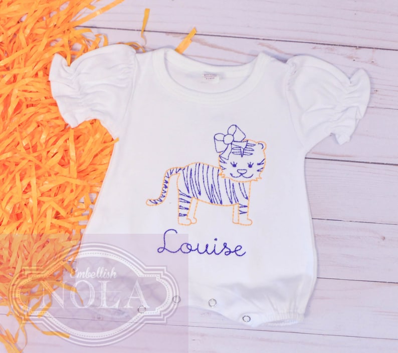 Tiger Girl Embroidered Romper, Purple and Gold image 6