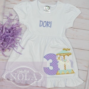 Carousel Horse Appliqued White Knit Ruffle Dress Short or Long Sleeve Lavender, Mint & Gold, Carousel Theme