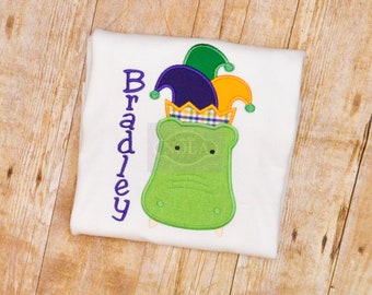 Mardi Gras Gator Applique Shirt or Bodysuit, New Orleans, Jester Hat Alligator Applique