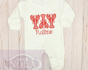 Crawfish Applique Monogrammed Romper - White or Navy or Grey Long Romper