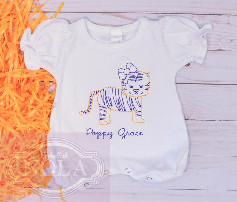 Tiger Girl Embroidered Romper, Purple and Gold image 7