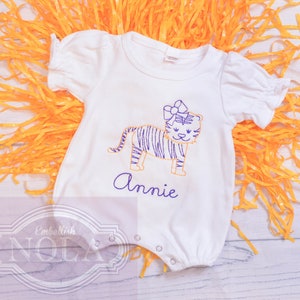 Tiger Girl Embroidered Romper, Purple and Gold image 1