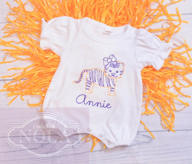 Tiger Girl Embroidered Romper, Purple and Gold image 1