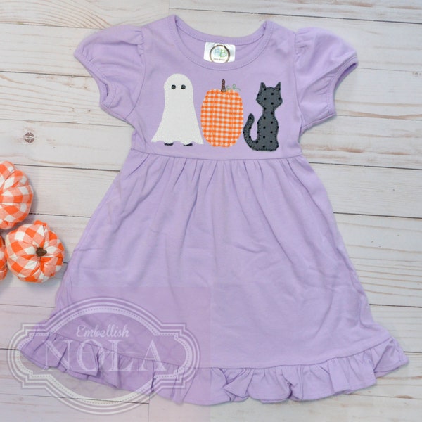 Halloween Friends Applique Lavender Knit Ruffle Dress