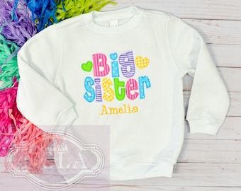 Colorful Big Sister Applique Letters Sweatshirt, Rainbow Theme